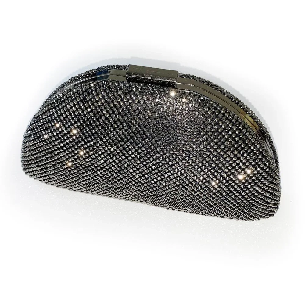 Estee & Lilly Sparkling Black & Silver Metal Half-Moon Clutch (Opt. Crossbody) - Picture 2 of 4